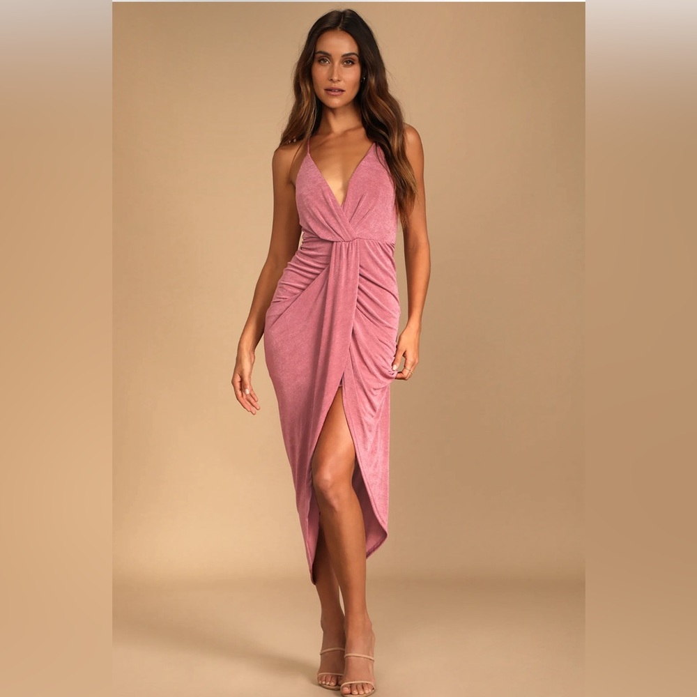 Lulus Dreamy Date Rose Pink Surplice Midi Dress